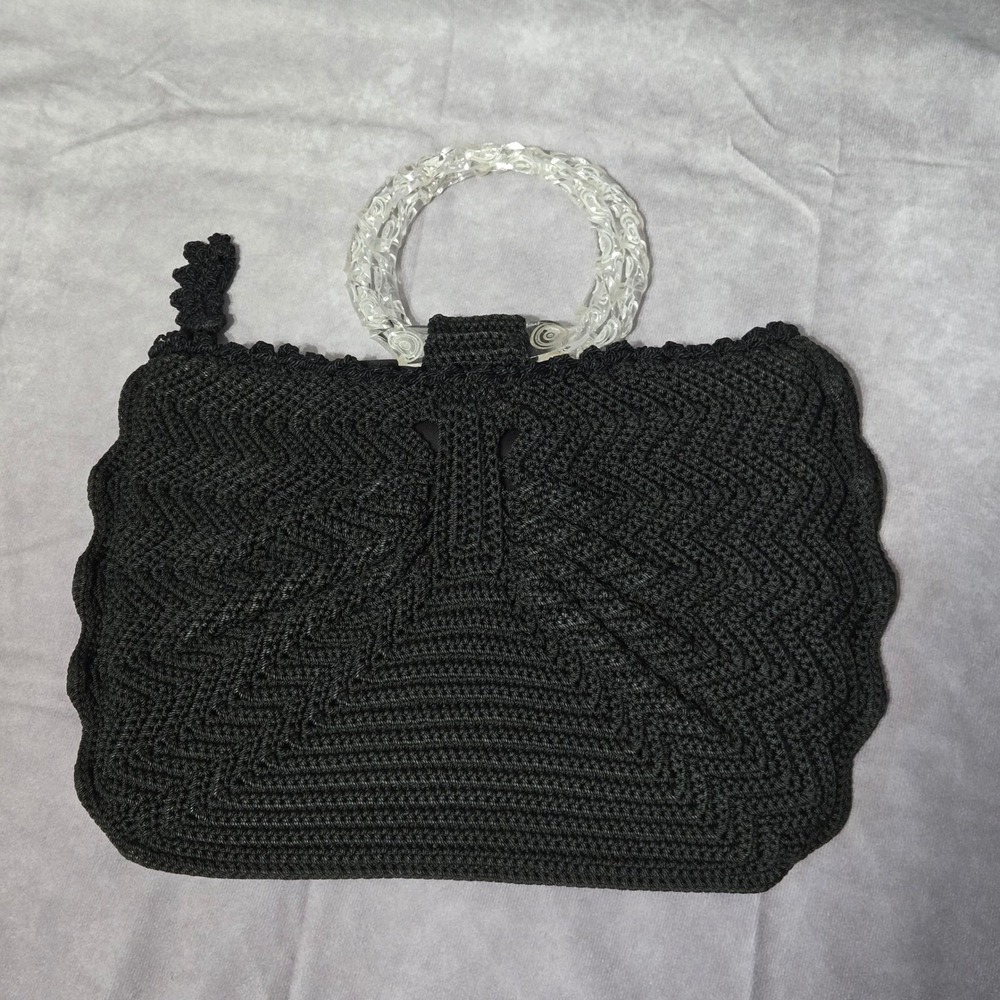 Vintage Black Crochet Bow Design‎ Handbag With Lucite Handles